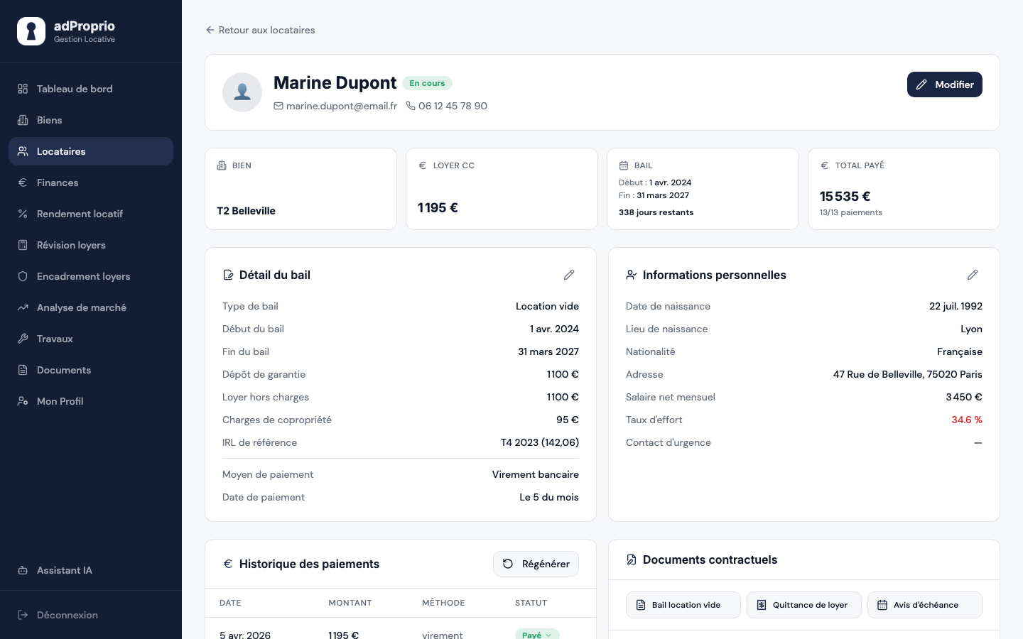 Fiche locataire adProprio : bail, historique des paiements et documents